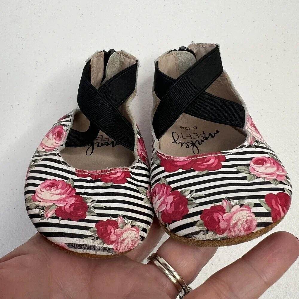 Monkey‎ Feet Size 6-12 Months Leather Ballet Flats Strappy Striped Floral Zip
